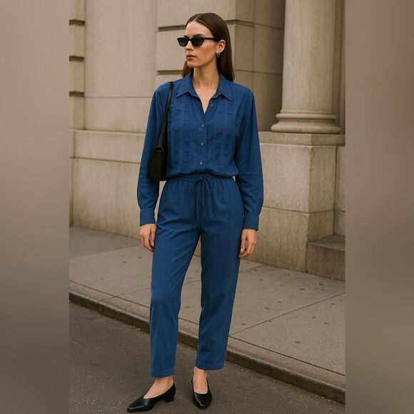 Vintage Pants - Vintage 90s Fiji Petite Silk Loungewear Set 2-Piece Blue Drawstring Pants S/XS
